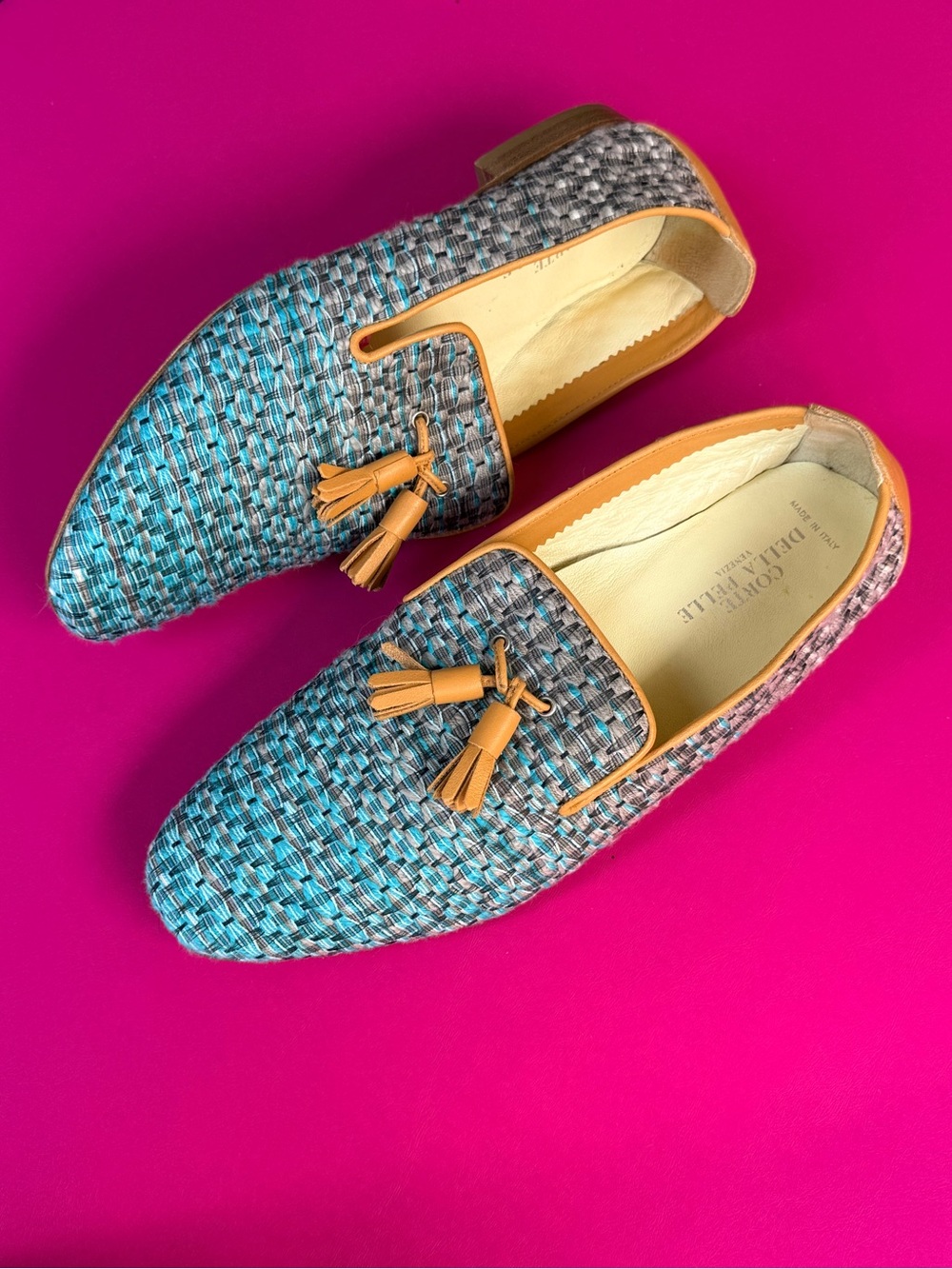 Corte Della Pelle Italy Woven Tassel Loafer Turquoise Brown Flat Moccasin 38 EUC